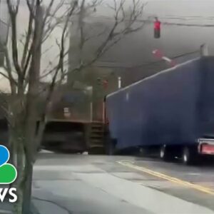 Caught on camera: Freight train slams into tractor-trailer in upstate New York