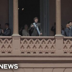 New Argentine President Javier Milei speaks to his supporters from the House of Government